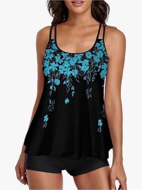 Black & Turquoise Floral Strappy Women's Swim Tankini Top